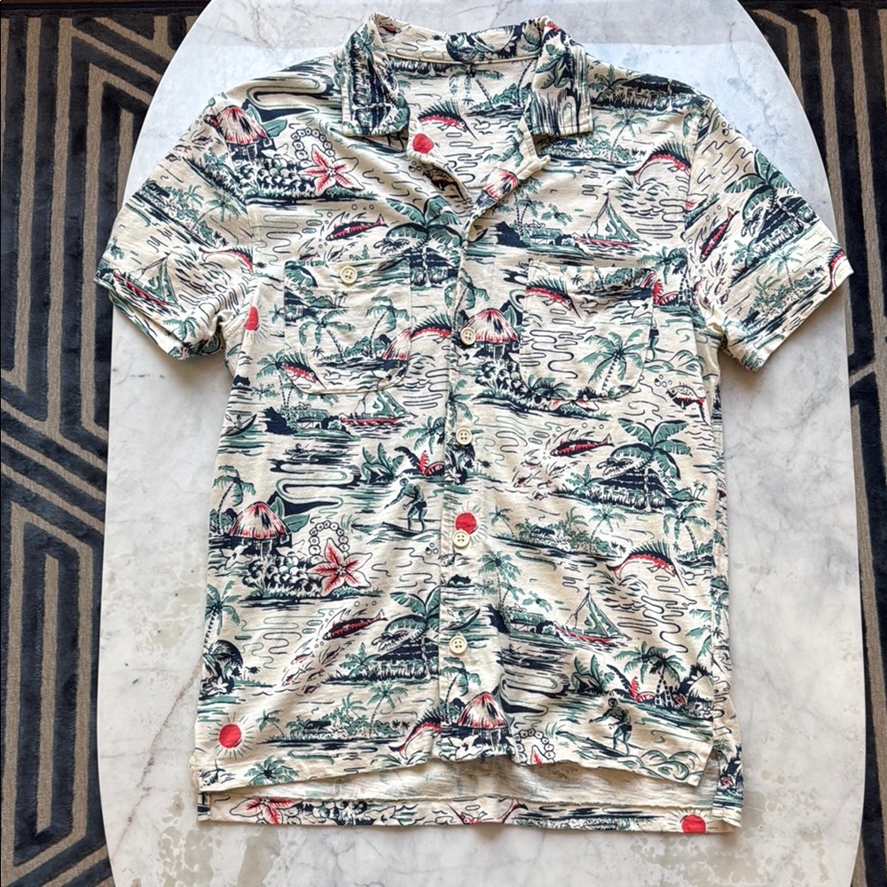 J. Crew Cream and Green Casual Knit Button Down Shirt with Scenic Print
